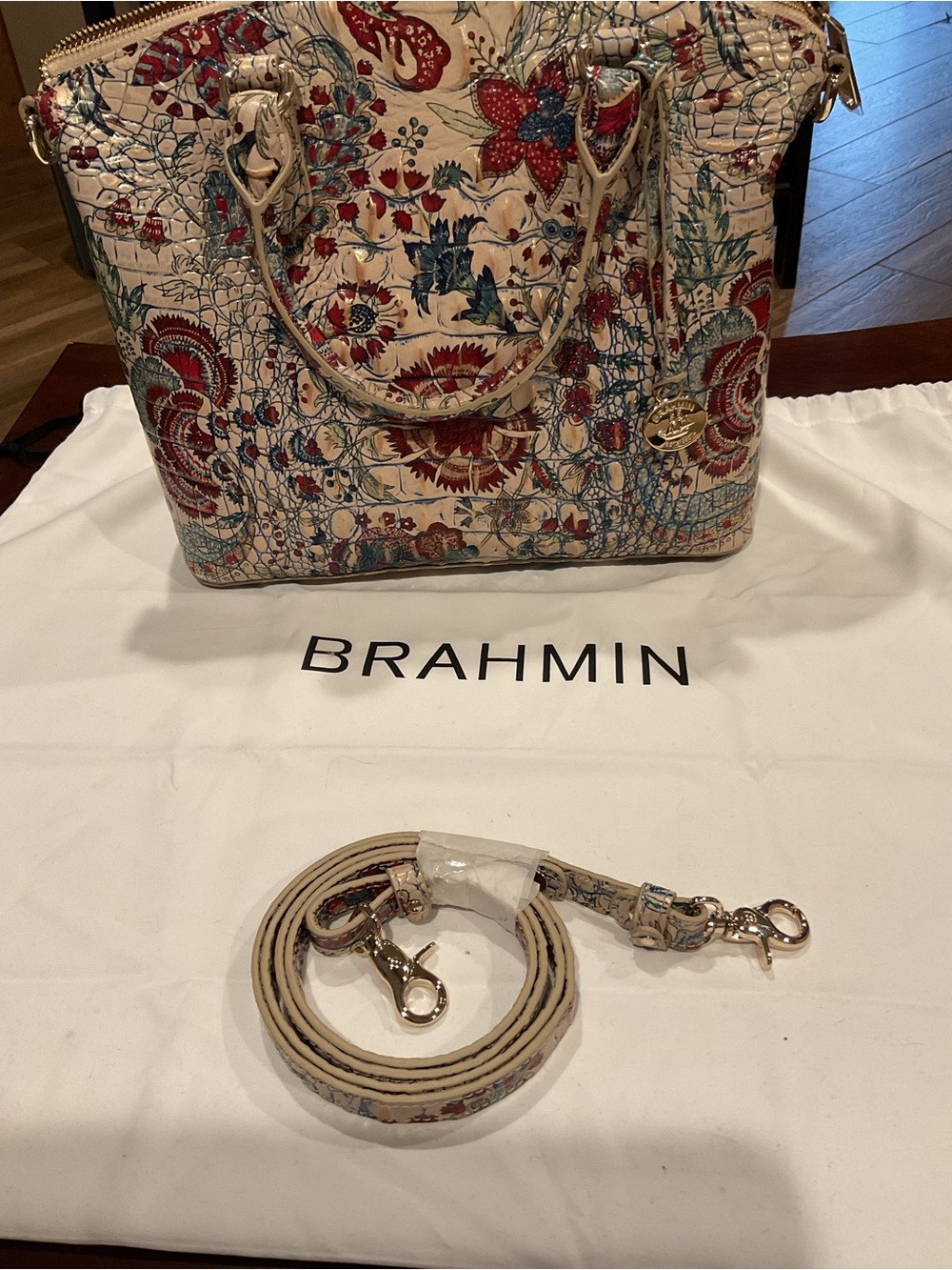 Brahmin Duxbury Cream Floral Embossed Leather Tote with Red and Blue Accents